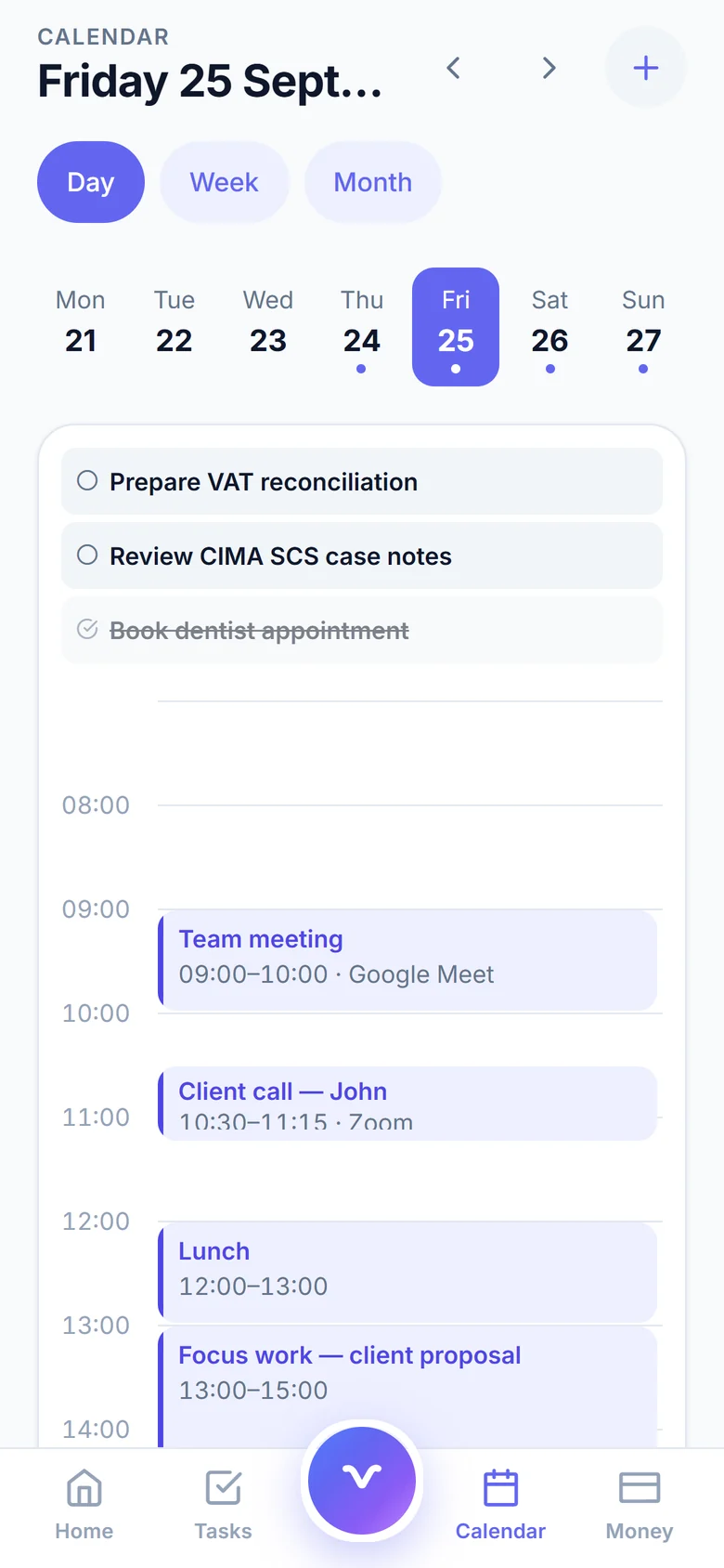 Veyra calendar day view with tasks at the top and events such as Team meeting and Client call laid out by hour