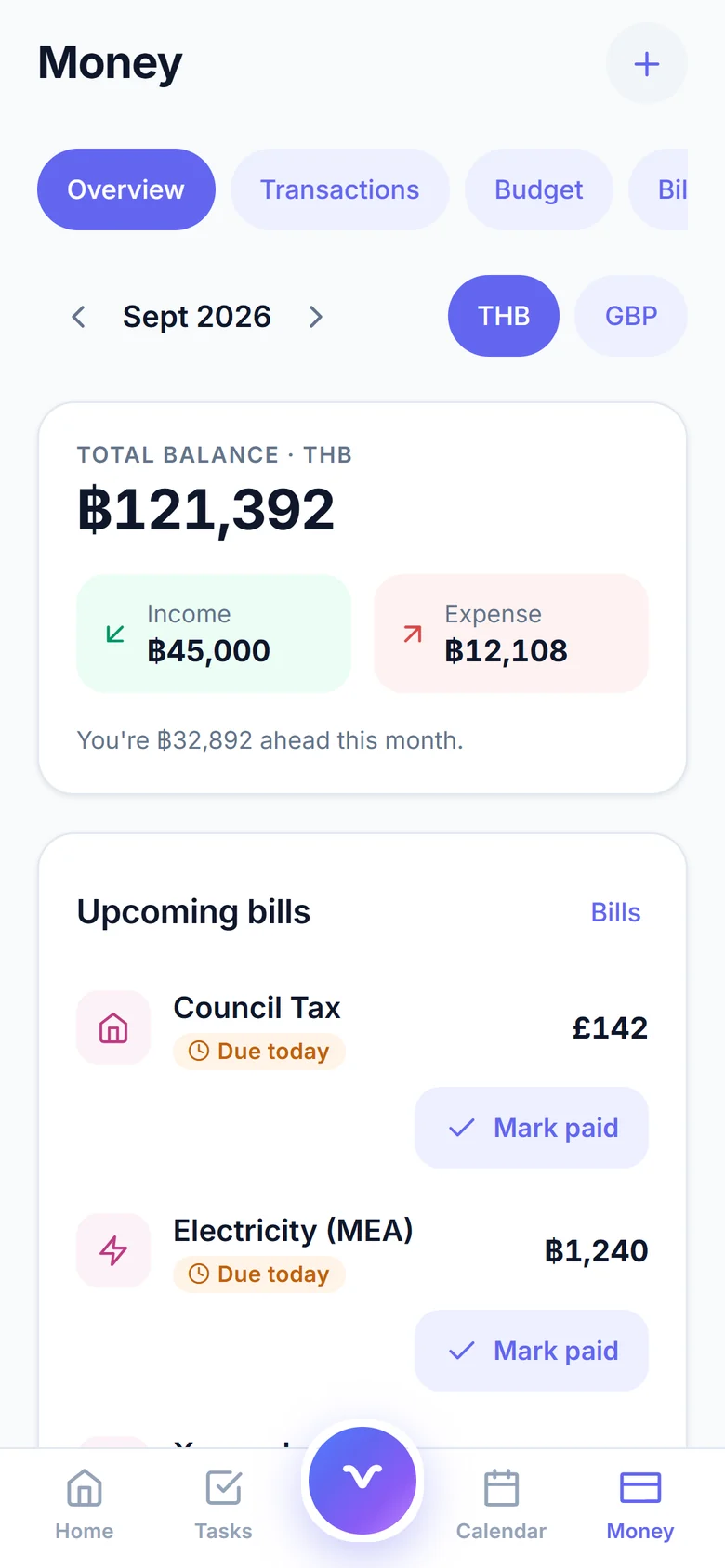 Veyra Money overview with total balance, income and expense for September, and upcoming bills due today