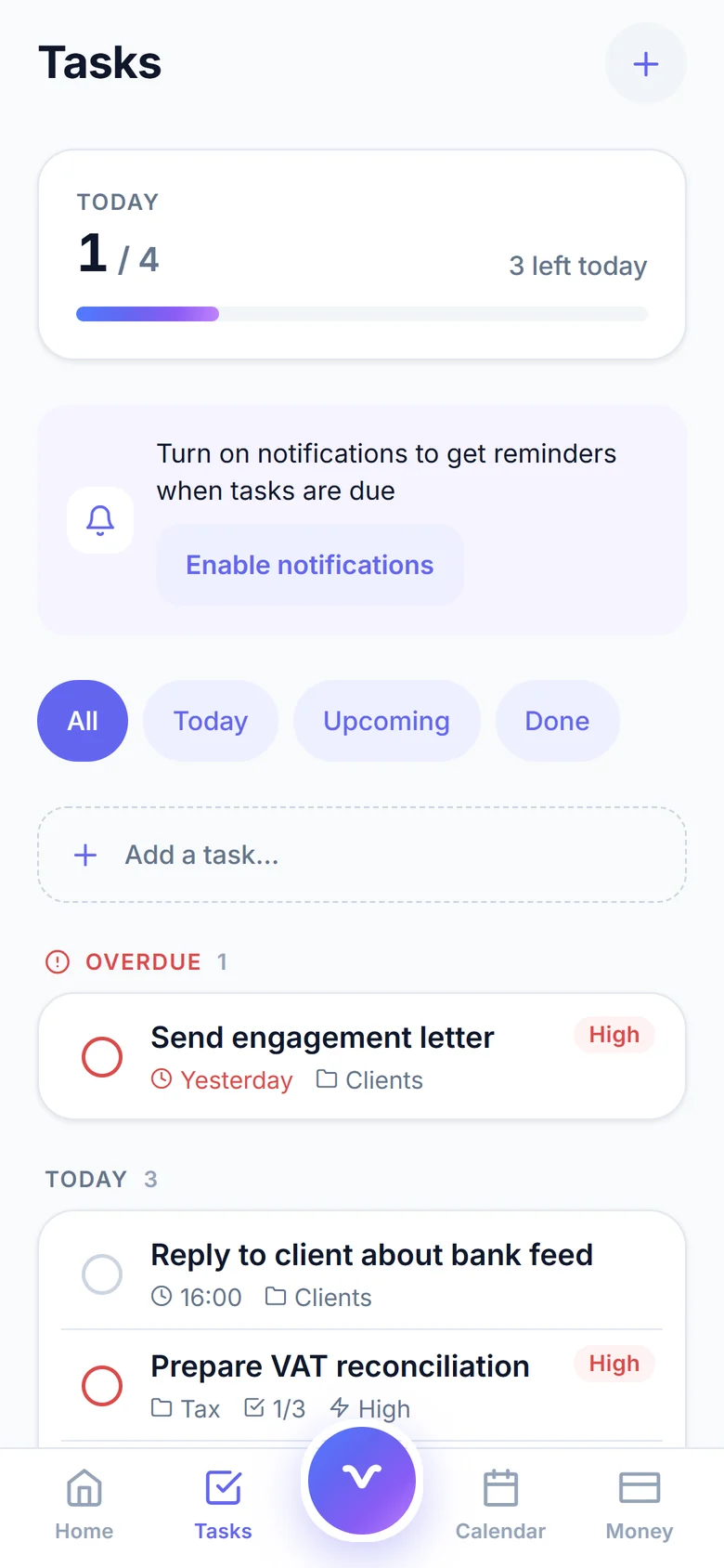 Veyra Tasks screen showing 1 of 4 done today, an overdue task and today's tasks with priorities